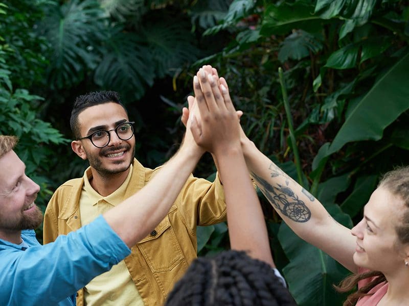 A group of people holding hands in the forest.