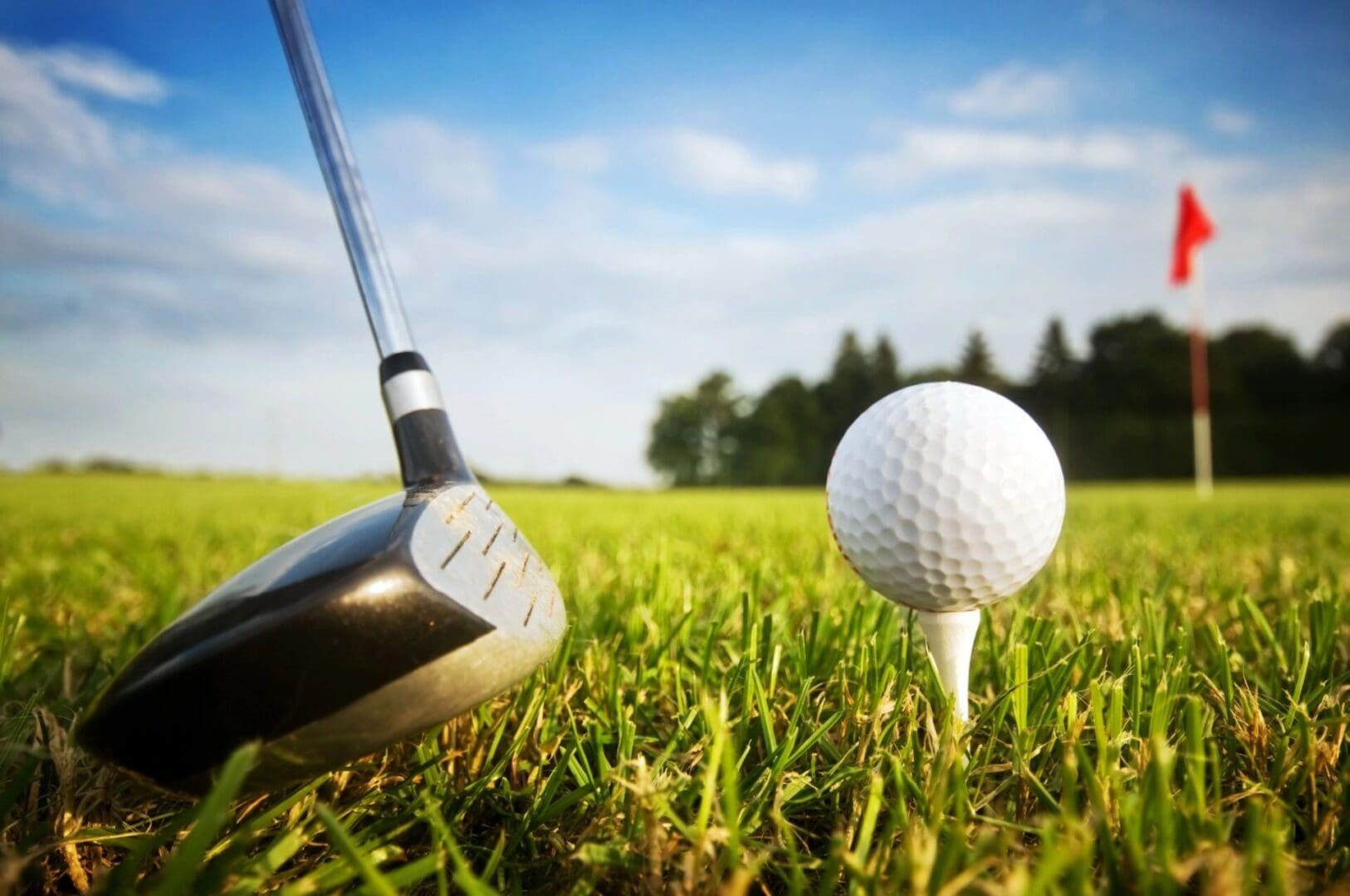 A golf ball and club in the grass.