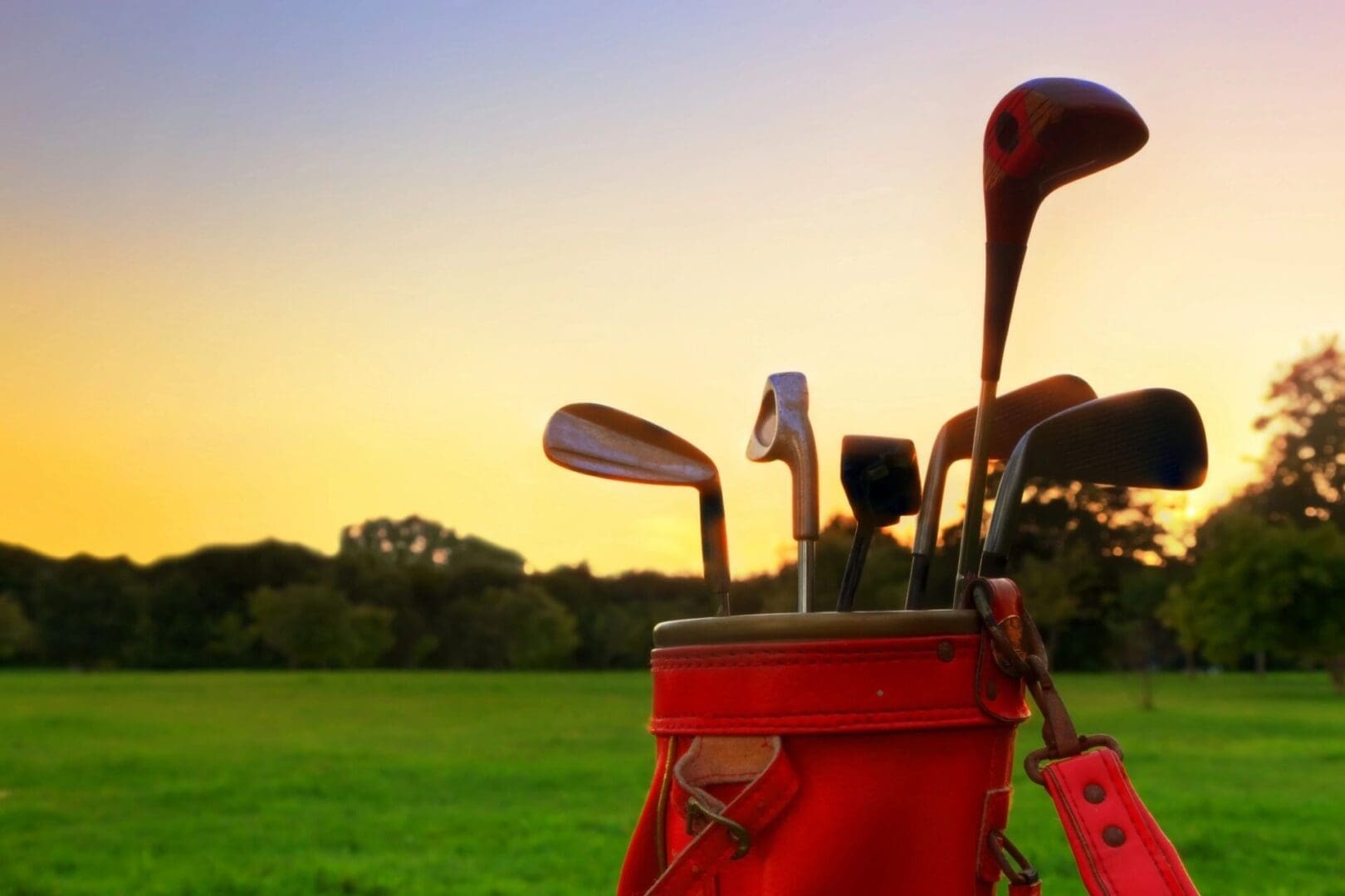 A bag of golf clubs sitting on top of the grass.